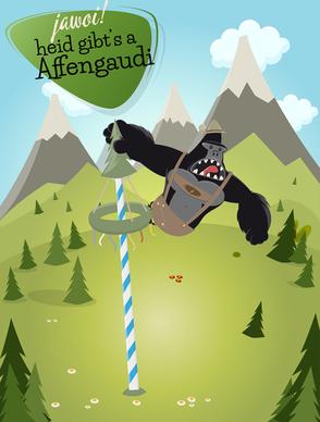 cartoon gorilla and mountains vector