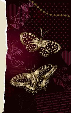 gold butterfly with ornament background vector