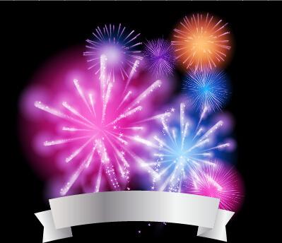 colorful fireworks with ribbon vector background