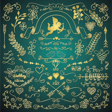 golden valentine day decor elements vector