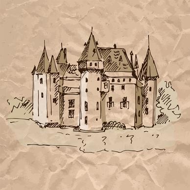 hand drawn medieval buildings and crumpled paper vector