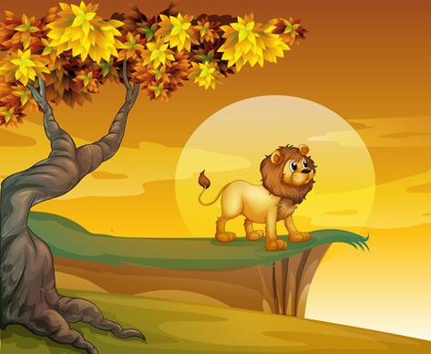 cartoon lion with beautiful nature vector