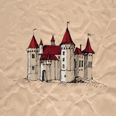 hand drawn medieval buildings and crumpled paper vector