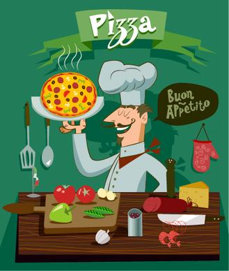 funny chef with pizza vector