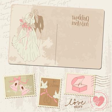 vintage wedding postcard with postage stamps vector