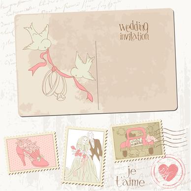 vintage wedding postcard with postage stamps vector