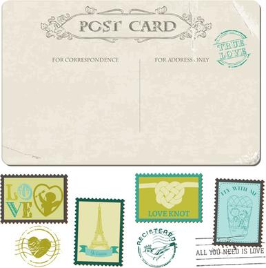 vintage wedding postcard with postage stamps vector