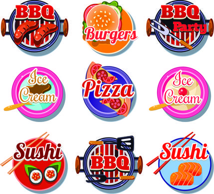 bbq pizza with ice cream and sushi burgers vector labels