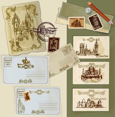 travel postcard vintage styles vector set