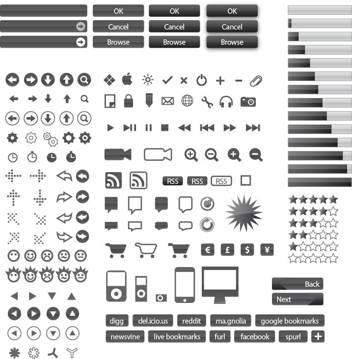 black web buttons with icons creative design vector