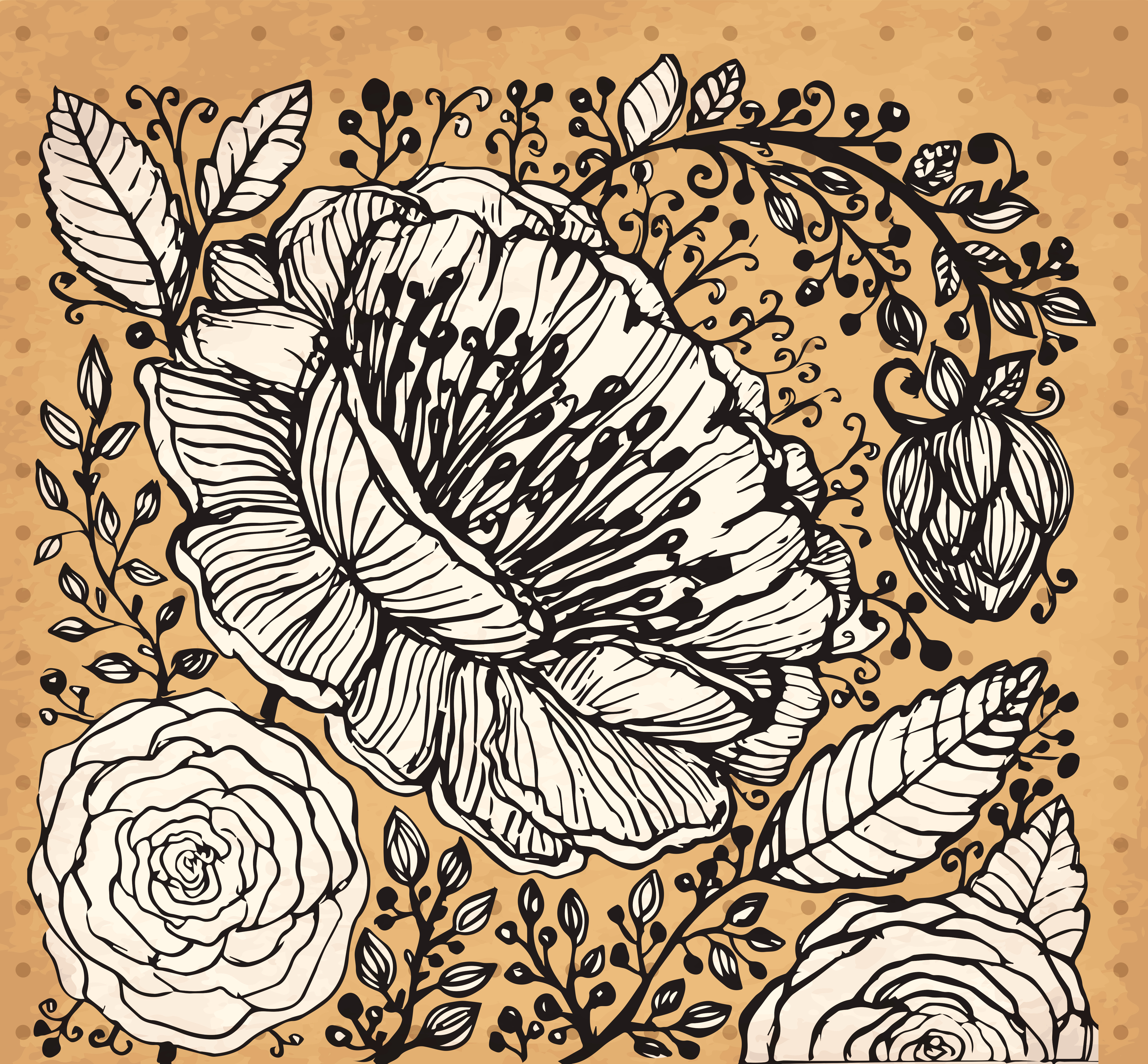 retro hand drawning flowers background vector