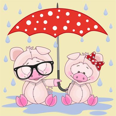 cute animals and umbrella cartoon vector