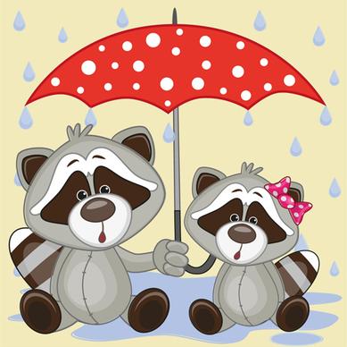 cute animals and umbrella cartoon vector