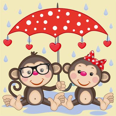 cute animals and umbrella cartoon vector