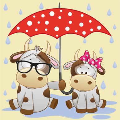 cute animals and umbrella cartoon vector