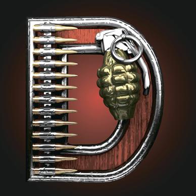 metal alphabet with bullet and grenade vectors set