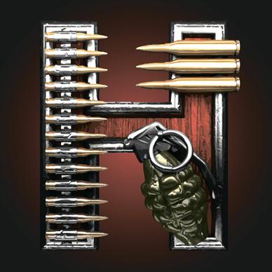 metal alphabet with bullet and grenade vectors set