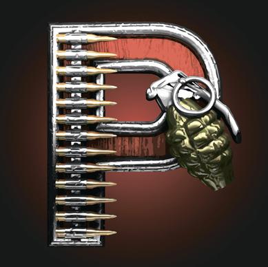 metal alphabet with bullet and grenade vectors set