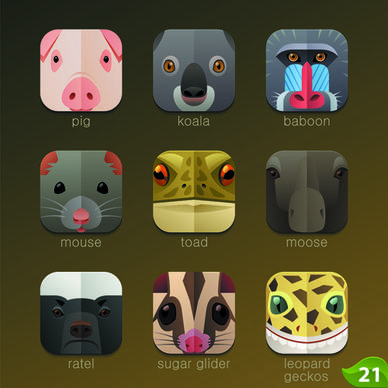 funny animal icons flat style vector