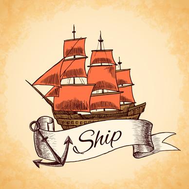 retro ship hand drawn vector