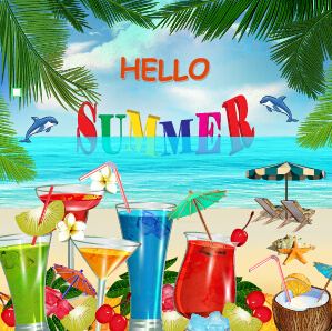 summer travel with fruit drink vector background