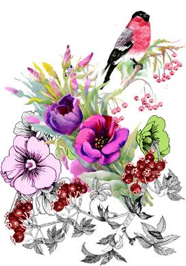 watercolor drawn birds with flowers vector design