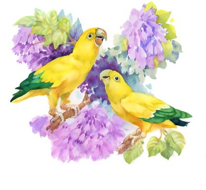 watercolor drawn birds with flowers vector design