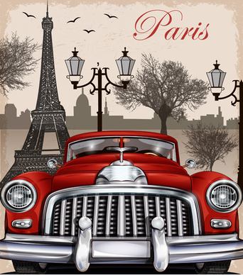 vintage car with travel poster vector set