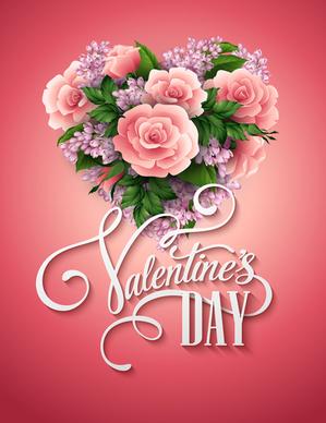 pink flower with heart shape valentine day cards vector