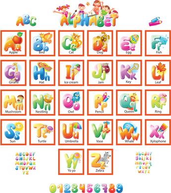 colored alphabet with children literacy vector