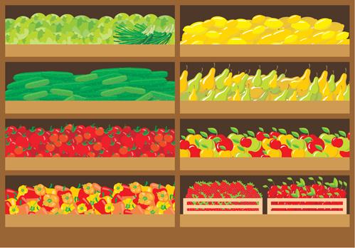 supermarket showcase and food vector set