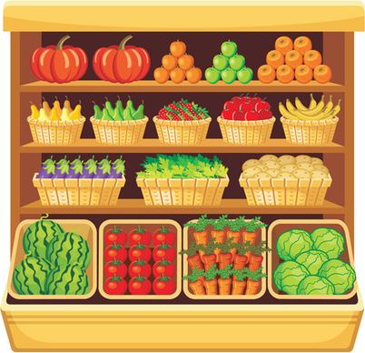 supermarket showcase and food vector set