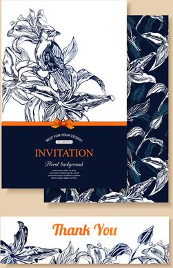 hand drawn retro flower with bird wedding invitations vector