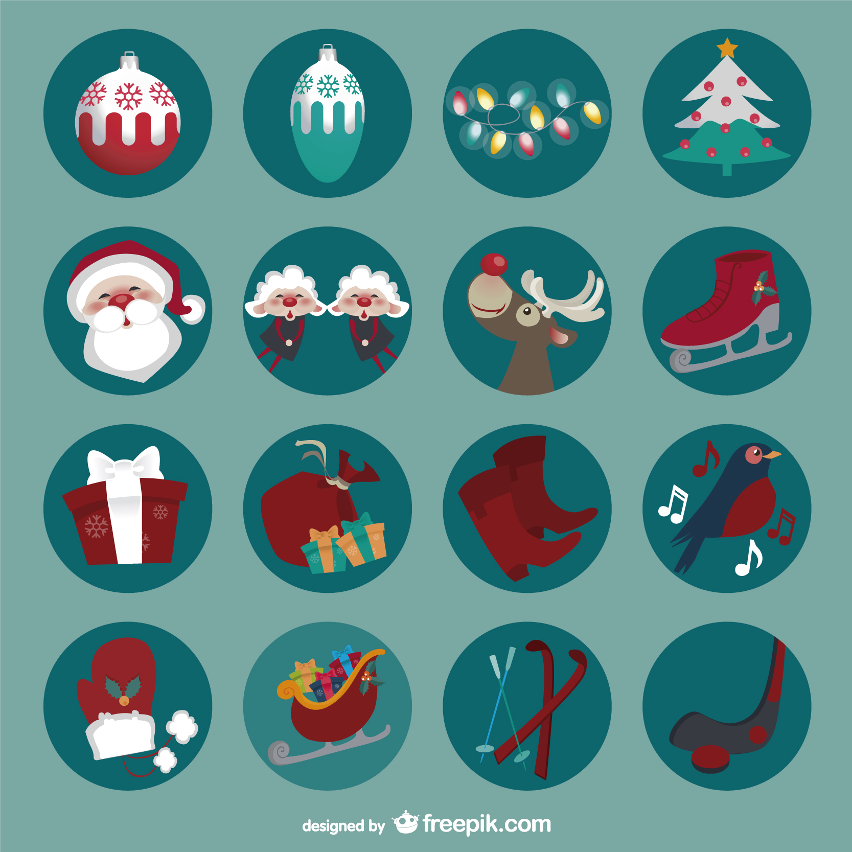 round retro christmas icons set