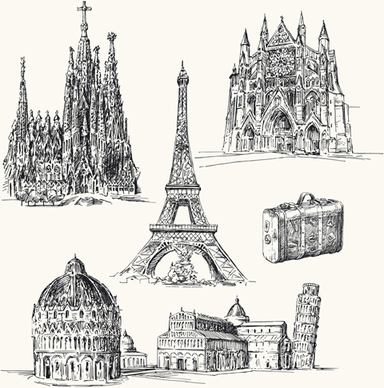 famous cities buildings hand drawn vector