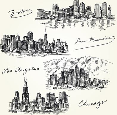 famous cities buildings hand drawn vector