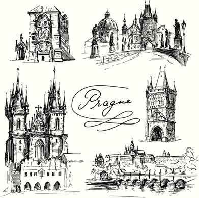 famous cities buildings hand drawn vector