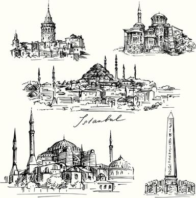 famous cities buildings hand drawn vector