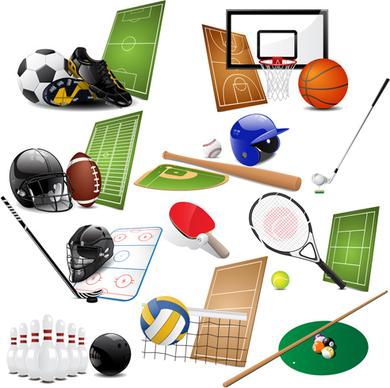 different sports equipment vector icons