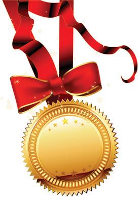 golden medal and red ribbons vector