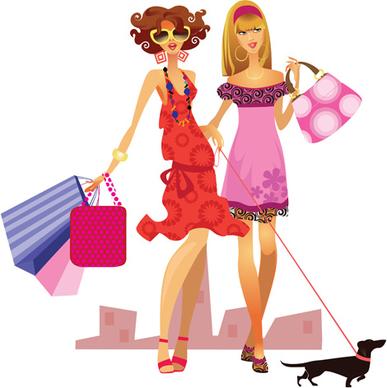 fashion shopping girls vector set