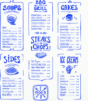 hand drawn menu blue design elements