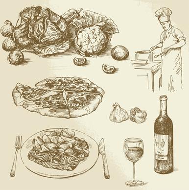 drawing foods retro illustrations vector