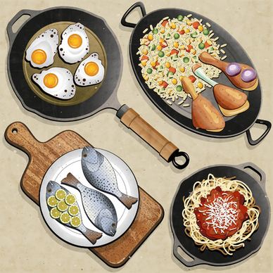 frying pan and food design vector