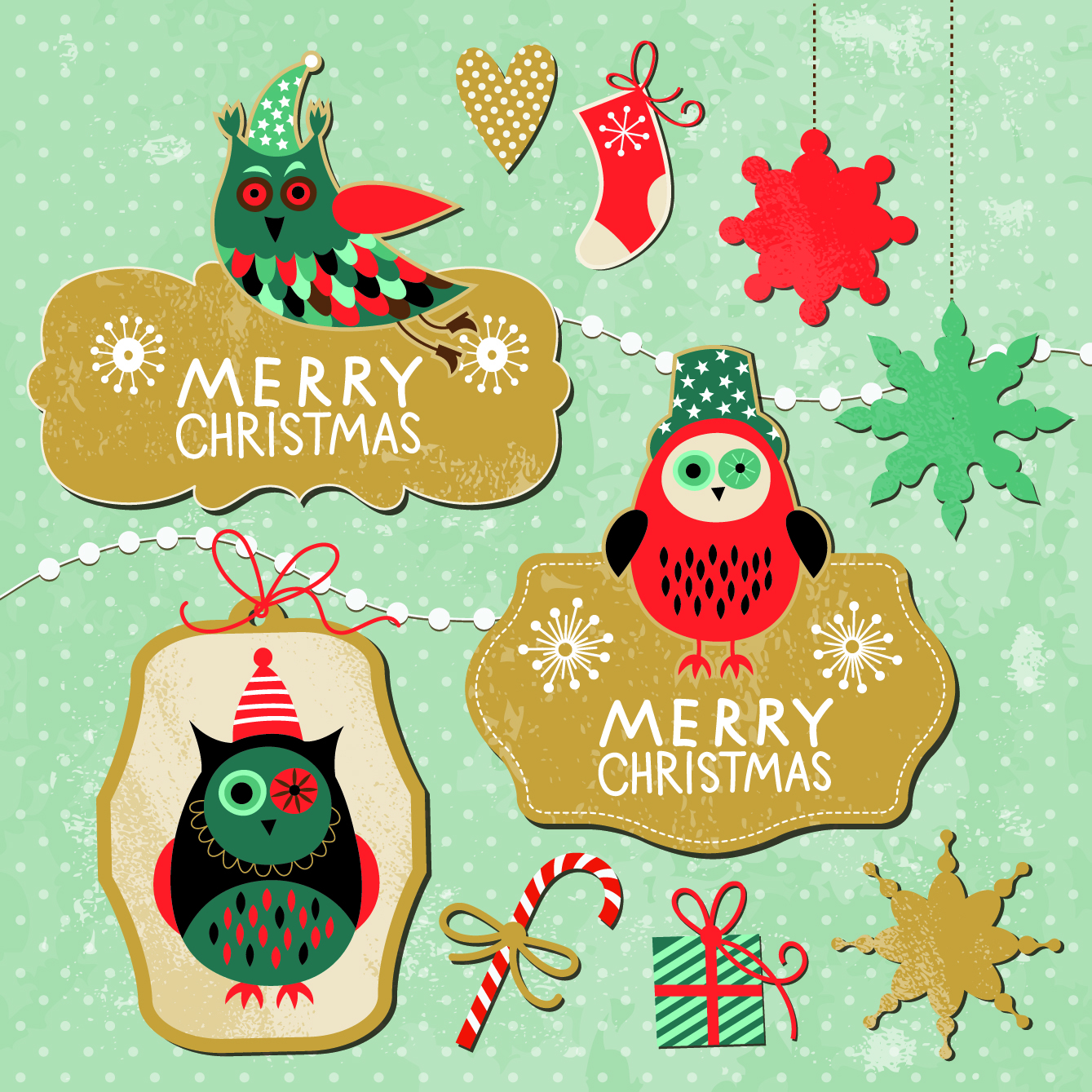 cartoon cute christmas labels vintage style vector