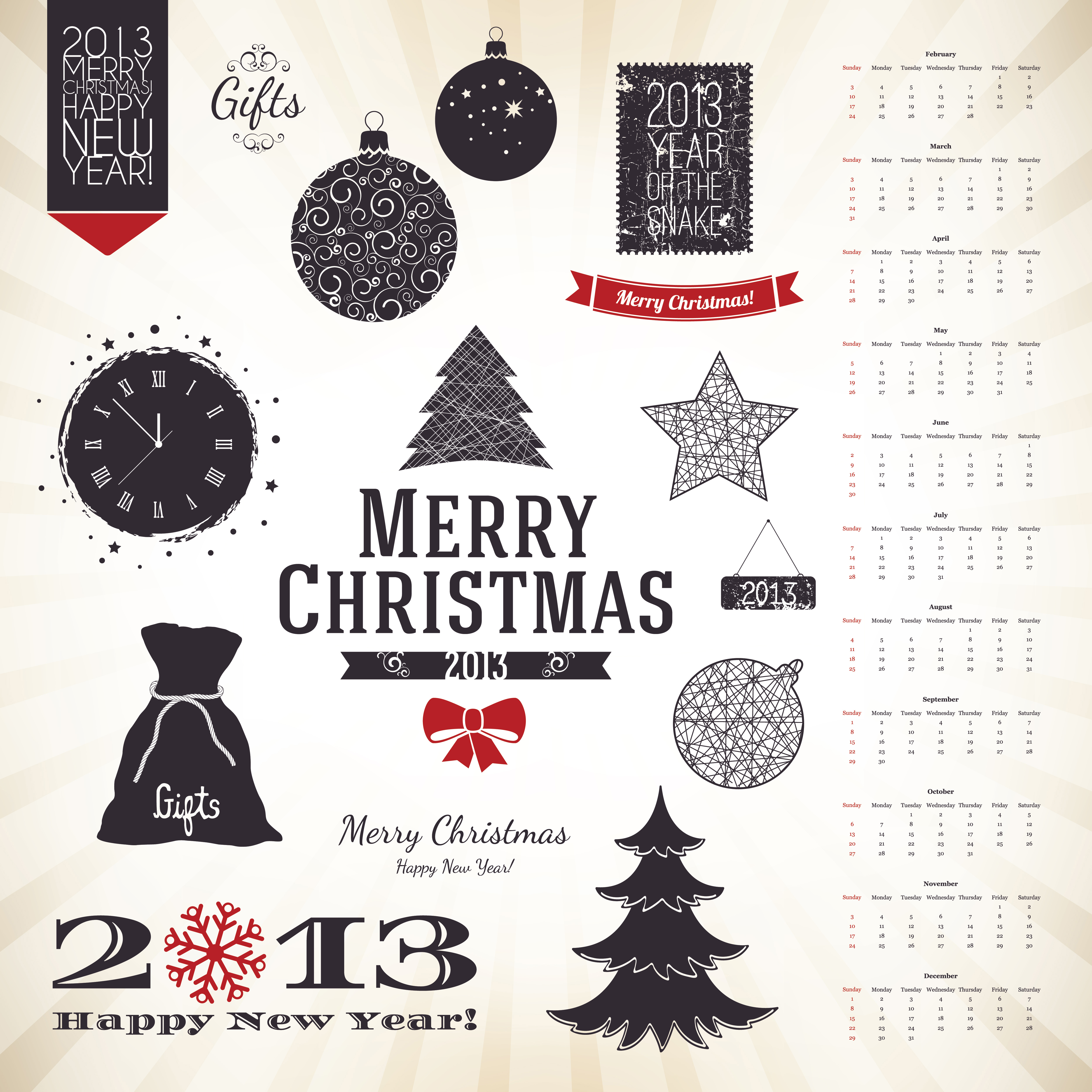 set of vintage xmas decorative elements vector