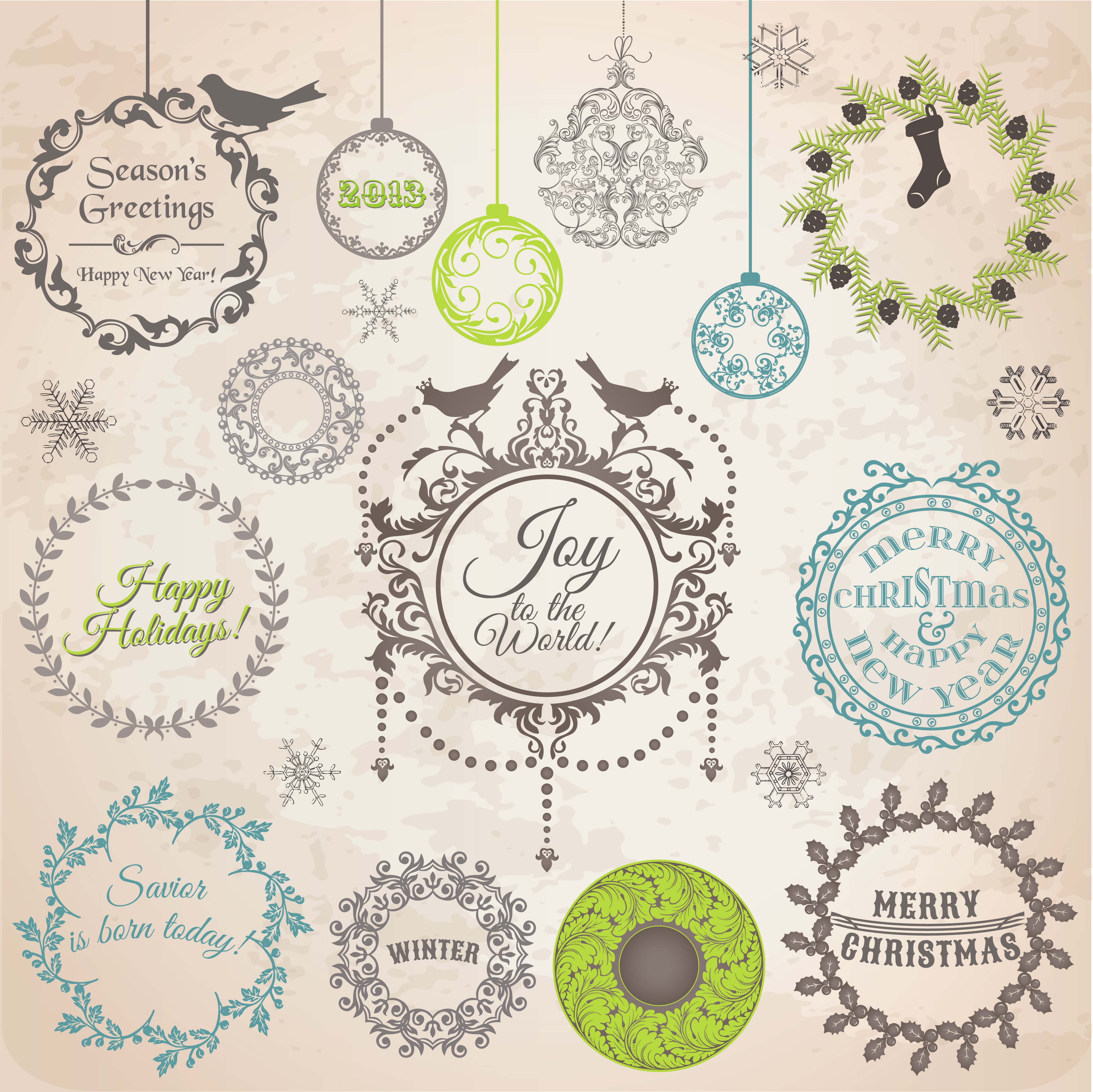 set of vintage xmas decorative elements vector