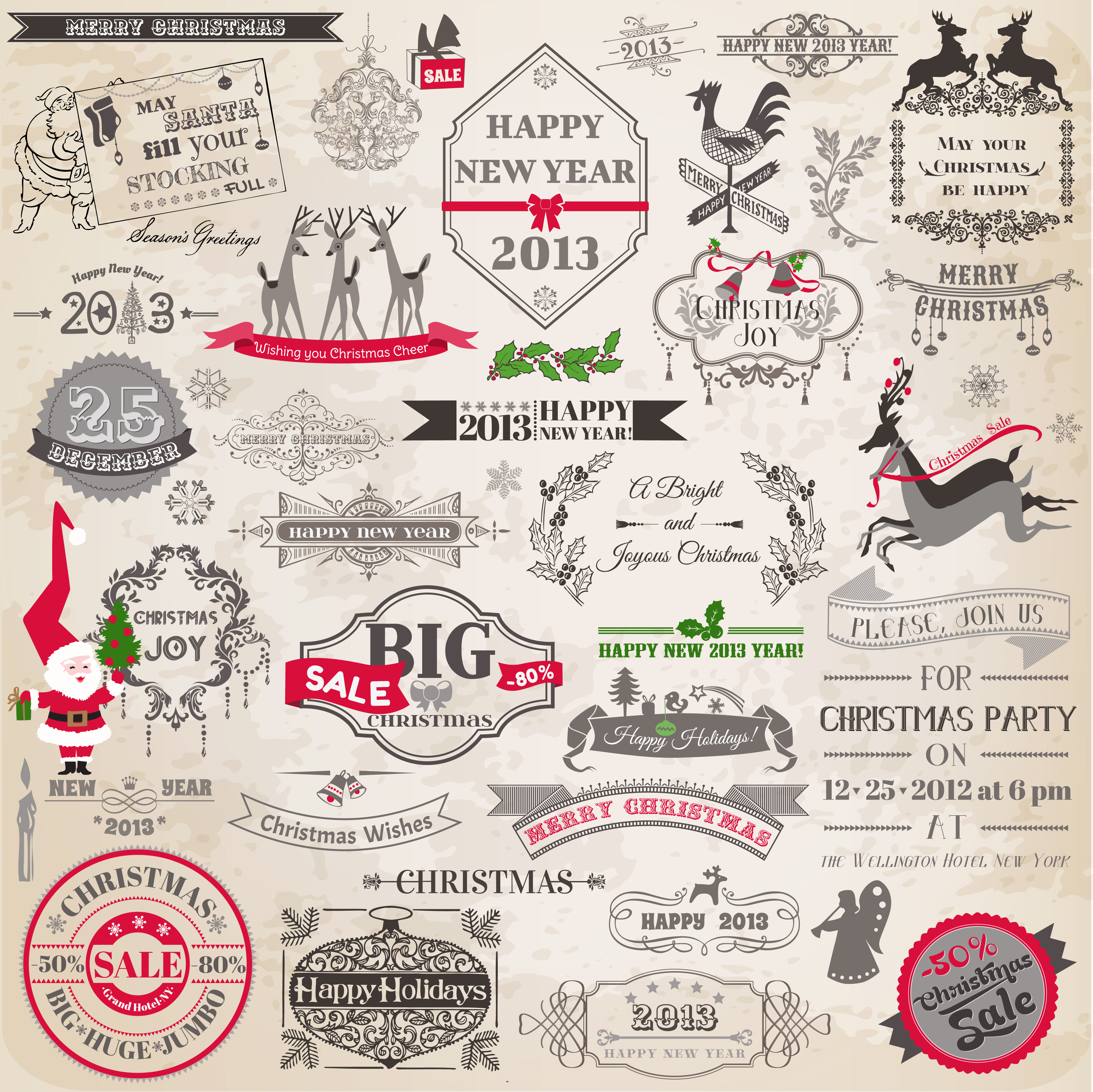 set of vintage xmas decorative elements vector