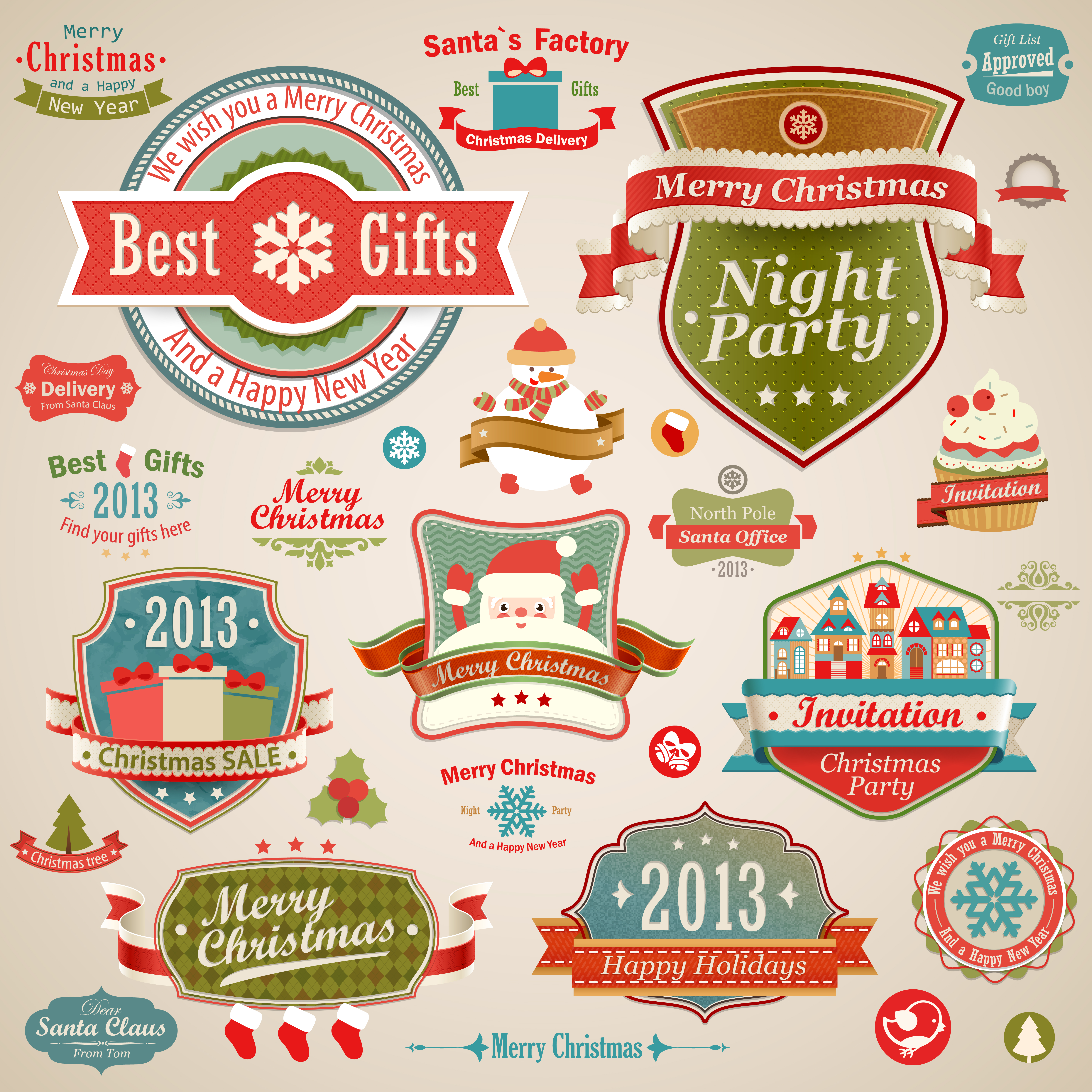 different christmas decorative ornaments and labels vector