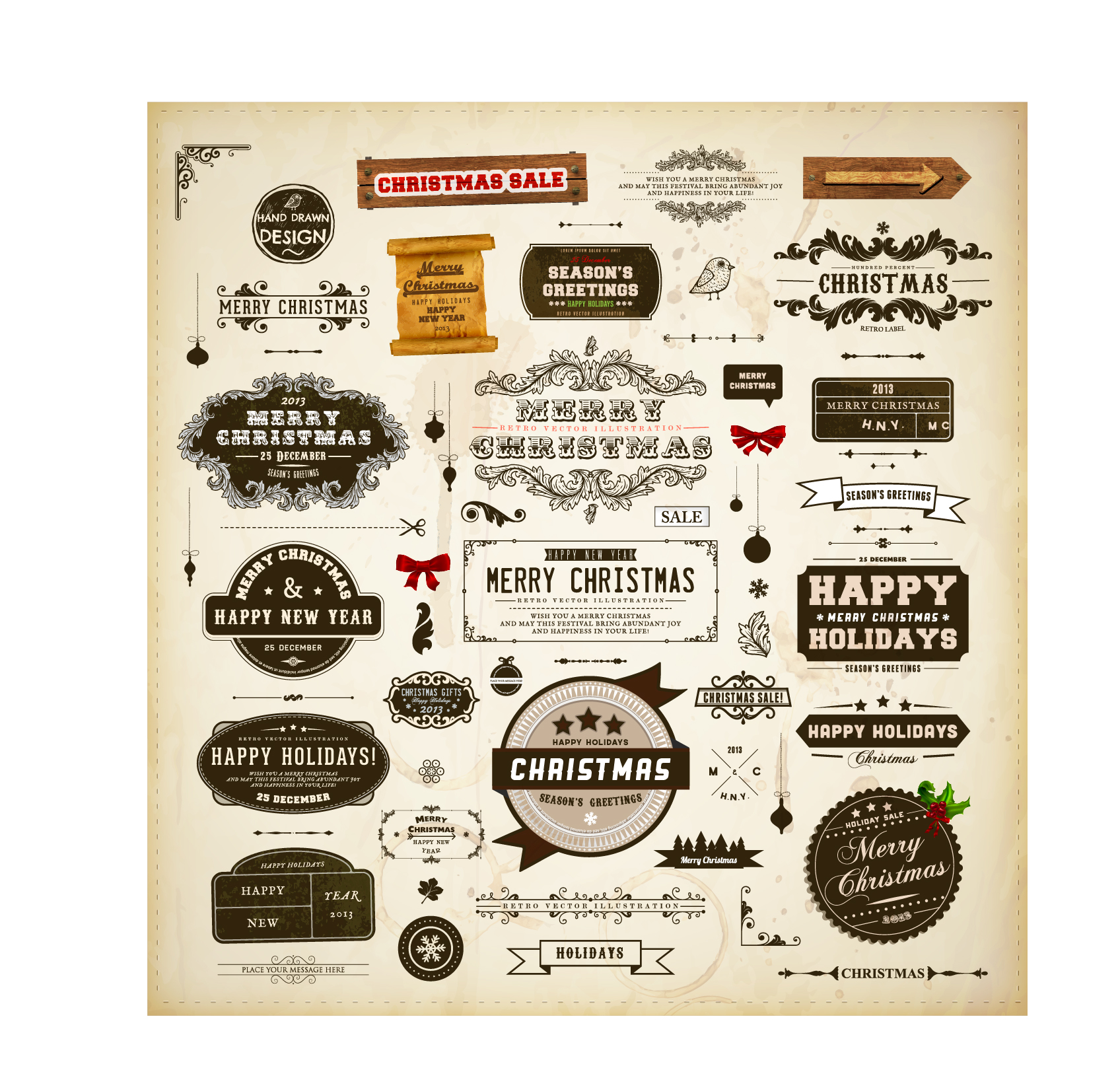 different vintage christmas labels elements vector set